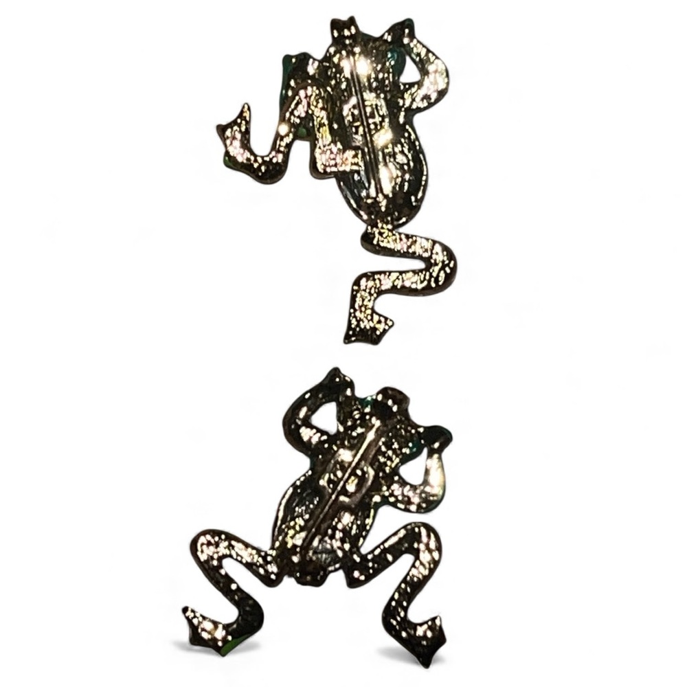 VINTAGE Articulated Tree Frog Pin Set Red Rhinestone Eyes Green Enamel Moves - Picture 3 of 5
